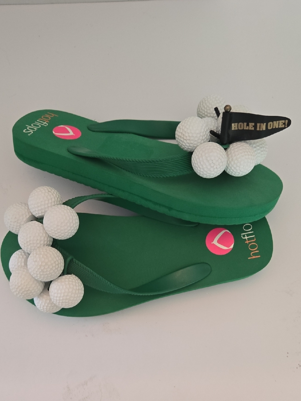 Women's Green Golf-Themed Flip Flops with Decorative White Balls